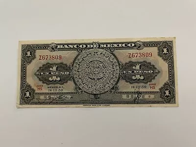 Mexican Bank Note: El Banco De Mexico S.A. 1959 1 Pesos Serie HS No. Z673809 • $4.25