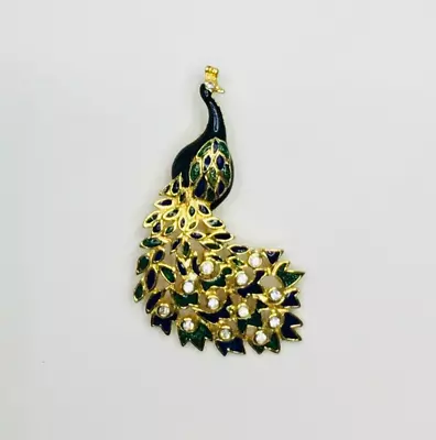 Vintage Gold Tone Green Enamel Clear Rhinestone Peacock Brooch Pin • $24.99