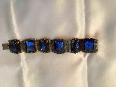 Vintage Tax Mexico Sterling Silver Blue Glass Mask Panel Link Bracelet  • $100