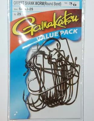 Gamakatsu 3/0 Offset Shank Worm Round Bend Hooks 54113-25 Value Pack • $14.95