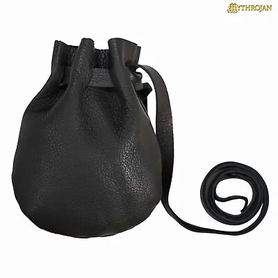 Medieval Leather Pouch Drawstring Storage Waist Bag For Coins Key And Dice Black • $14.99