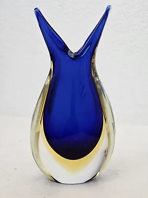 Mid-Century Art Glass Vase Sommerso Technique Blue& Amber Gold Vase • $225