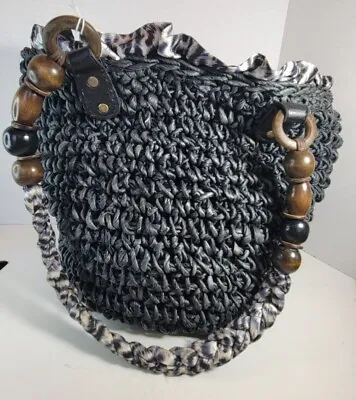 Charming Charlie Black Woven Handbag With Wood Bead Handle And Braided Fabric • $39.99