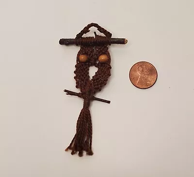 Vintage 70's Dollhouse Decor Mini Macramé Owl Wood Bead Eyes Stick Miniature 3  • $15