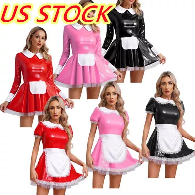 US Women's French Maid Costume Outfits PVC Leather Lace Fancy Dress Ups Clubwear • $8.99