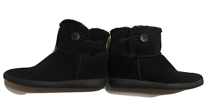 SKCH+3 SKECHERS Cozy Up 48106 Black Suede Ankle Boots Button Wedge Pull On 9.5 • $45.98