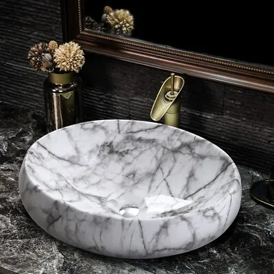 Bathroom Vanity Wash Basin Sink Countertop Oval Ceramic Bowl White Grey Marble • £49.95