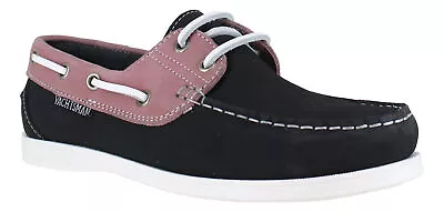 Seafarer Yachtsman Womens Navy/Pink Leather Casual Deck Boat Lace Up Shoes • £19.99