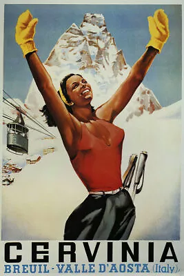 361094 Italy Lady Ski Cervinia Valley Aosta Travel Fine Vintage Poster • $29.95