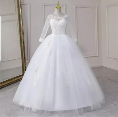 £189 • Buy UK  White Ivory  Long Sleeve Lace A Line Floor Length Wedding Dress Size 6-22