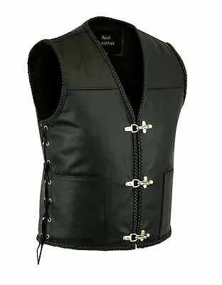 Men’s Black Fishhook Buckle And Braided Leather Biker Vest Laced Up Waistcoat   • £33.98