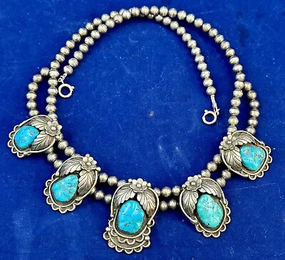 Vintage Squash Blossom Navajo Pearls Silver Auth Turquoise Necklace Signed FG • $890