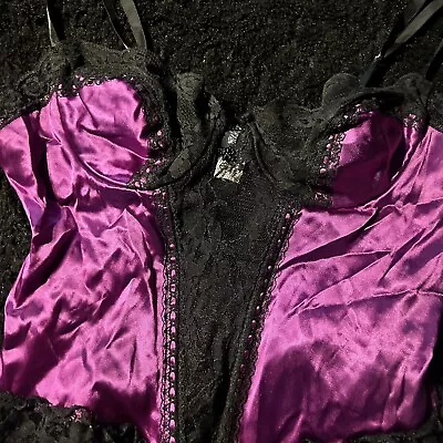 Vintage Frederick’s Of Hollywood Purple & Black Satin Lace Bustier Lingerie Top • $25