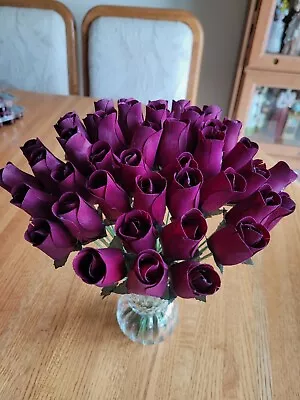 1 Dozen - Burgandy - Wooden Rose Buds 5 X 8 Artificial Flowers - Free Shipping • $14.99