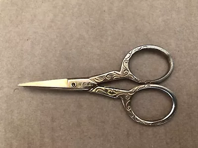 Vintage SEWING SCISSORS Gold Tone Fancy Ornate Handles USA • $14.99