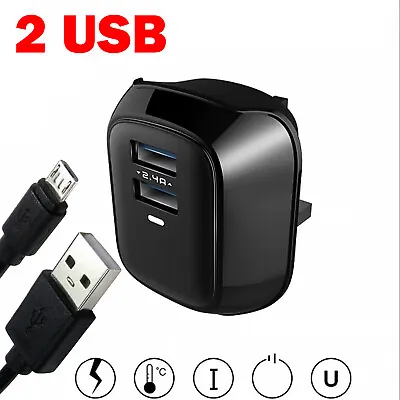 Universal 2.4A DUAL USB PORTS SMART WALL 3 Pin Plug CHARGER WITH Micro Cable • £3