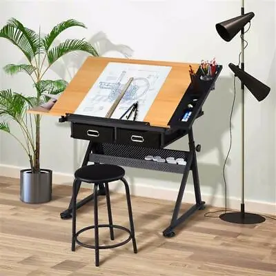 £86.99 • Buy Adjustable Drafting Table Art Craft Drawing Desk W/Stool Architect Desk W/Drawer