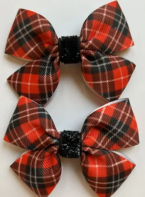 2 Girls Red/ White / Black Tartan Handmade Ribbon Hair Bows / Clasps / Clips • £3.99