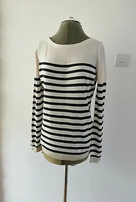 Laura Clement Jumper Silk Cotton Lady Size 10/12 Cream Blue Striped Long Sleeves • £19.99