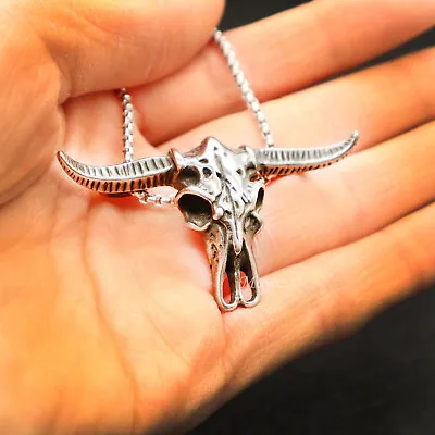 Men Cow Bull OX Buffalo Head Skull Stainless Steel Pendant Necklace Silver Black • $9.99