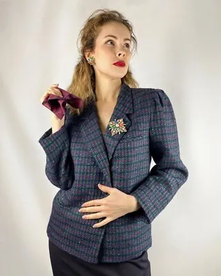 Vintage Women Wool Blazer Jacket Plaid Size M Lantern Sleeve Boucle Handkerchief • $35