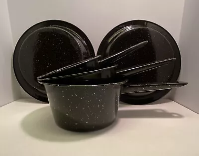 Lot Of 5 Vintage Graniteware Black Speckled Enamelware 3 Saucepans 2 Pie Plates • $37.99