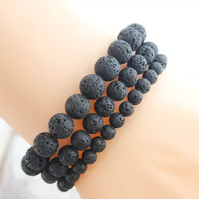 4/6/8MM Black Lava Rock Stone Yoga Mala Beaded Charm Wrist Men Women Bracelets • $6.99