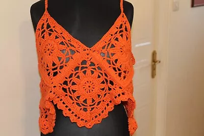 £20 • Buy 💚 Handmade Crochet Boho Vest Top 100% Cotton Orange Size M-l (14-16) Brand New