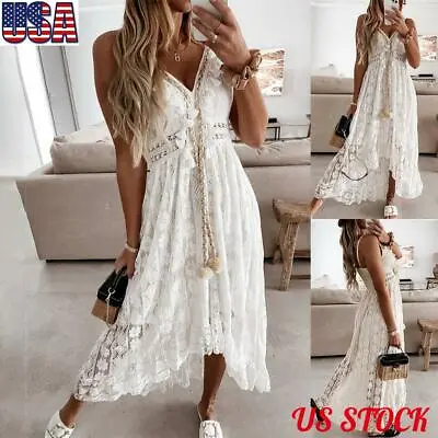 $9.49 • Buy Womens V Neck Lace Tassel Long Maxi Dress Ladies Boho Summer Strappy Sundress US
