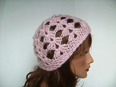 New Pink Sequin Sparkle Open Weave Beanie Hat Hand Made Crochet Beret Skull Cap • $15