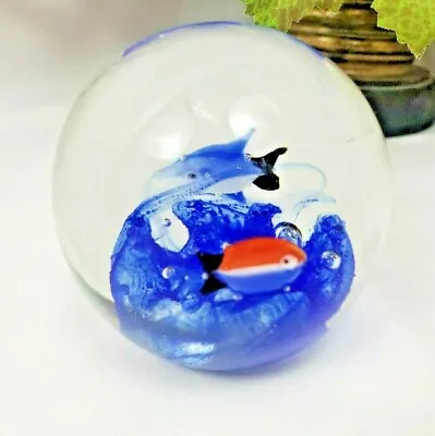 Murano Style Art Glass Fish Coral Aquarium Blue Paperweight Hand Blown Round • $22.99