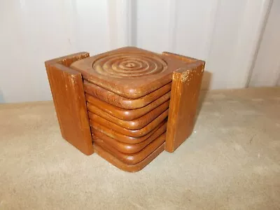 VINTAGE Made In Thailand Genuine Teakwood 8 Coaster Set With Holder • $4.99