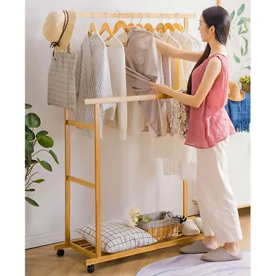 $29.90 • Buy Strong Wood Clothes Rack On Wheels 2 Tier Heavy Duty Garment Shoe Hanging Stand