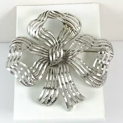 Large Vintage MONET Signed Brushed Silver Tone Bow Brooch Estate Pin • $21.99