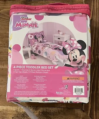 Disney Junior Minnie Mouse 4-Piece Toddler Bed Set Quilt Sheets & Pillow Case • £26.25
