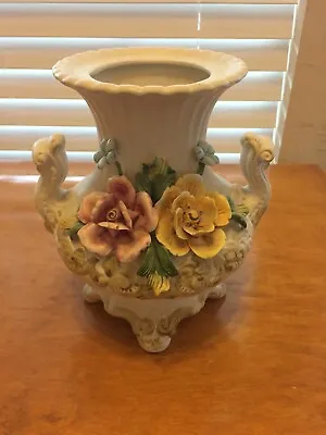 Vintage Capodimonte Vase Roses With Handles Four Felt Feet Stand 8.5 Inches Tall • $45