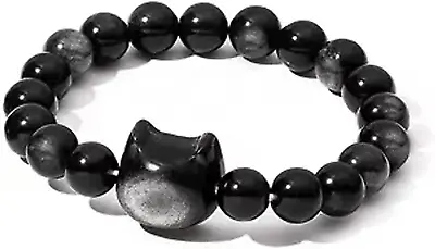 Aifeer Natural Black Obsidian Bracelet Cat Beaded Bracelets For Women Men 8mm • £16.19