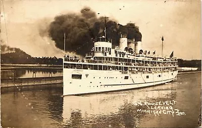 MICHIGAN CITY INDIANA IN Real Photo Postcard Rppc S.S. ROOSEVELT STEAMSHIP • $16