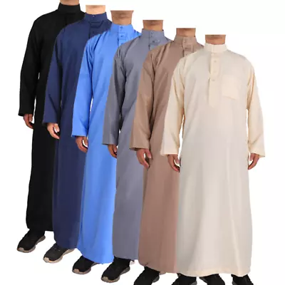 Mens Long Sleeve Muslim Thobe Dishdash Arab Kaftan Islamic Jubba Clothing Thobe • $25.96