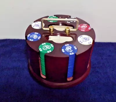 Vintage Roulette Poker Chips & Playing Card Holder Mahogany Wood • $50.51