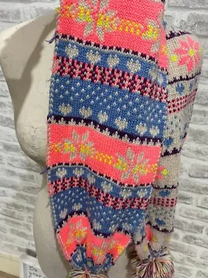 Reversible Snowflake Knit Scarf Fairisle Pattern Chunky Pom Pom Oblong  S710 • £9.99