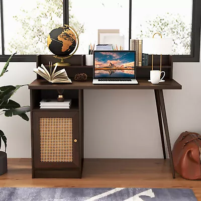 Mid Century Computer Desk With Hutch PC Workstation W/ PERattan Cabinet Office • $139.99