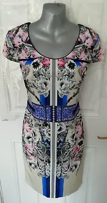 Damsel In A Dress 10 Grey Blue Pink Floral Smart Occasion Dress Back Zip Lined • £25.99