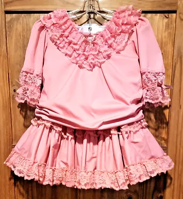 Malco Modes Pink Lace Ruffle Vtg Womens Square Line Dancing Skirt Blouse Outfit • $34.99