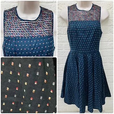 FOSSIL 0 Navy Geometric Mesh Embroidered Sleeveless Skater Dress Sundress • VG‼ • $24.95