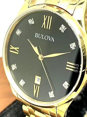 Bulova Men's Watch 97D108 Quartz Gold Tone Stainless Steel Diamond Black Dial • $112.48
