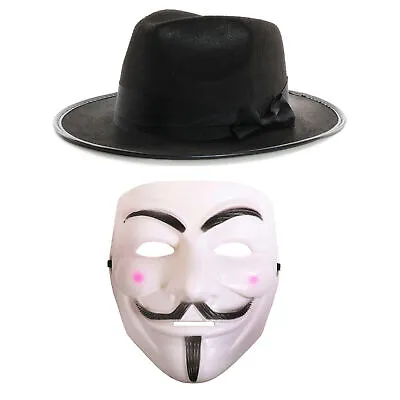 Mens Anonymous Halloween Costume Fancy Dress Mask And Hat Hacker Guy Fawkes • £6.99