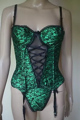 Classified Sunburst Corset Basque With Suspenders & Matching Thong Black / Green • £12.99