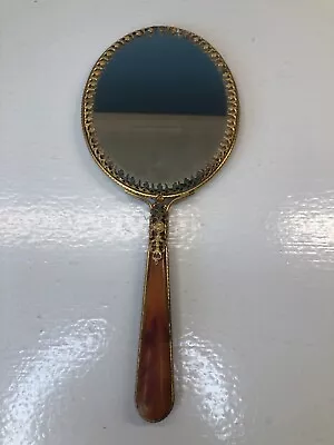 Vintage Gold Tone Hand Vanity Mirror Double Sided Bakelite Handle? • $29.95