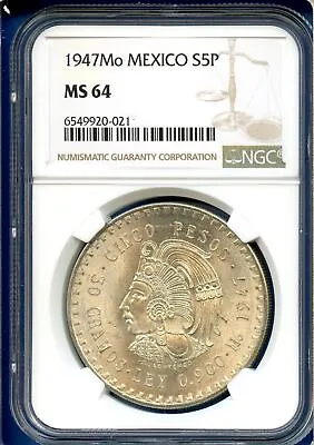 1947 Mo Mexico NGC MS64 Silver 5 Pesos S5P Cinco Pesos Coin Cuauhtemoc MS-64 • $94.95